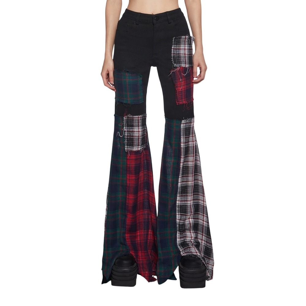 Dolls Kill Current Mood Black Patchwork Plaid Flare High Rise Jeans Pants Small